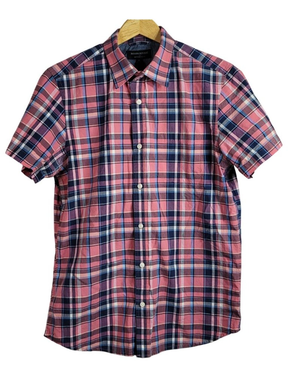 Banana Republic Mens Soft Wash Slim Fit Button Shirt Blue Pink Medium Plaid S/S